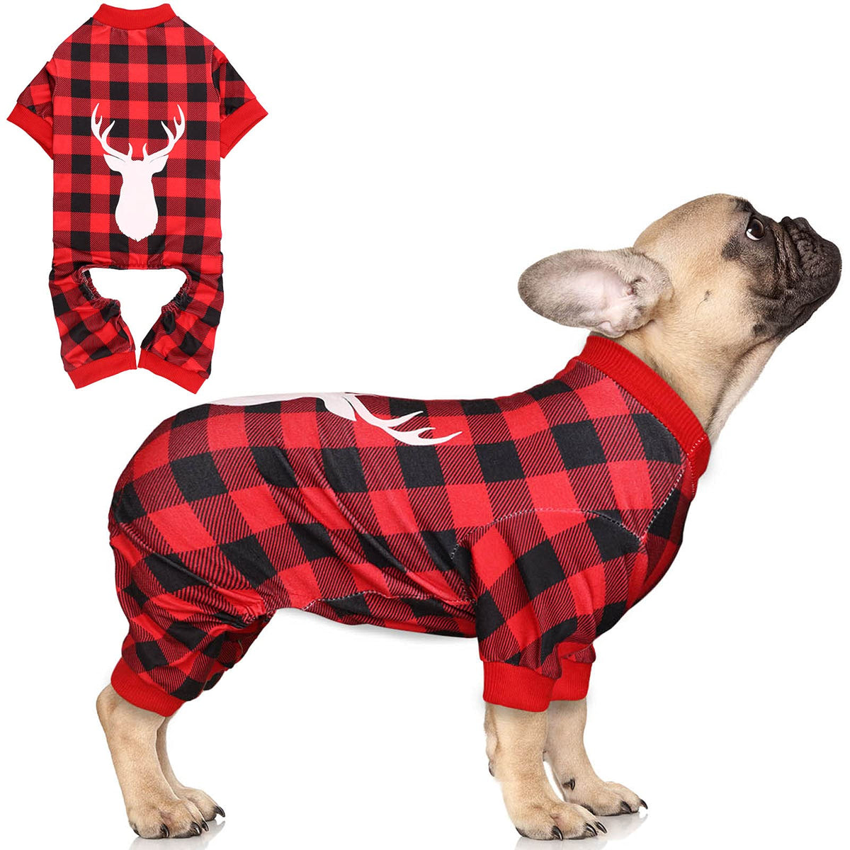 Dog Pajamas Buffalo Plaid with Reindeer Print Dog Onesie Dog Pjs Super Soft and Stretchy Dog Christmas Jammies for Small Dogs (S)