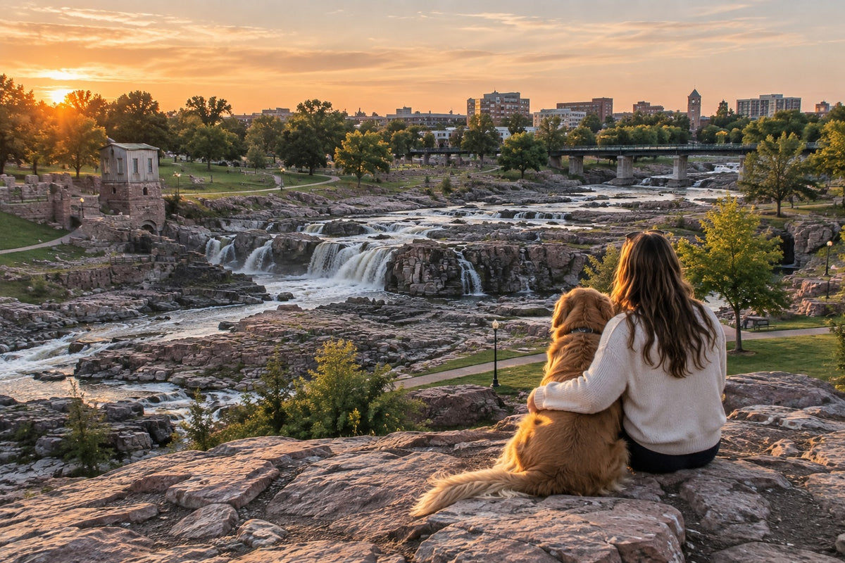 Woman sitting with her dog overlooking the falls