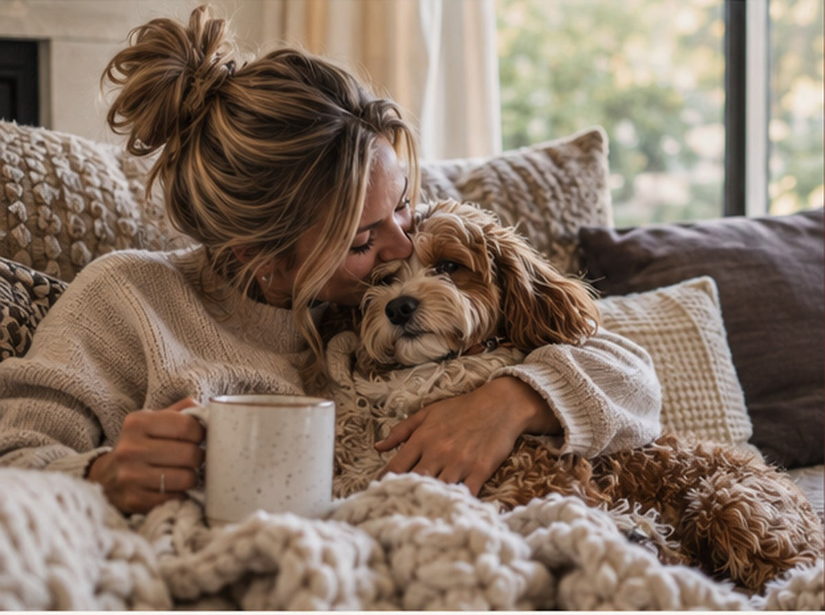 Woman sharing a quiet moment at home with her dog